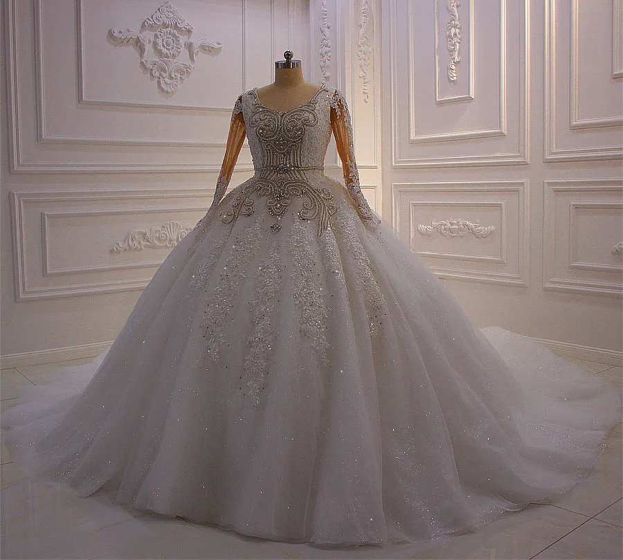 AM583 Long Sleeve Lace Rhinestones Ball gown Wedding Dress