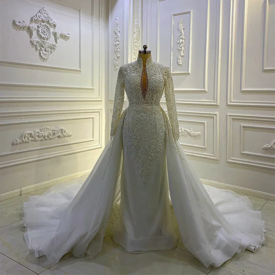 AM812 High Neck Long Sleeve Lace Applique Keyhole Back Detachable Skirt Wedding Dress