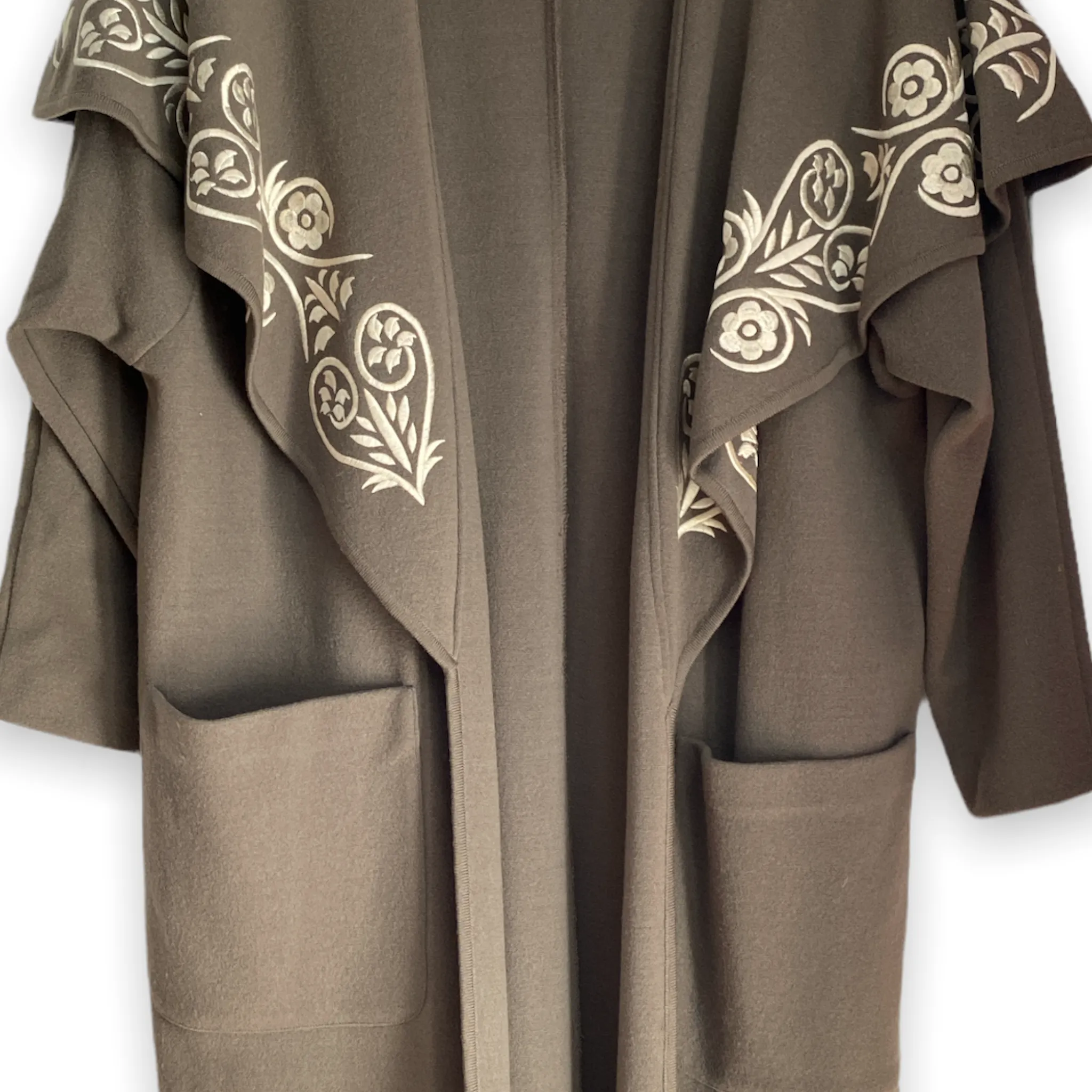 Andrea Jovine Taupe Coat Cape Collar Embroidery