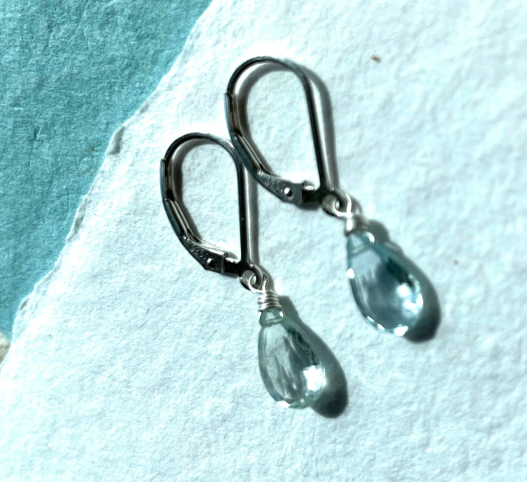 Aquamarine Pear Cut Dangles, Leverback