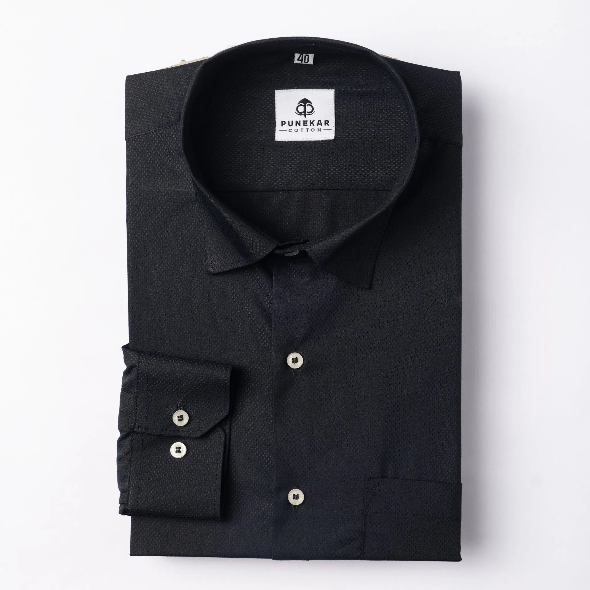 Black Color Dotted Dobby Cotton Shirt For Men