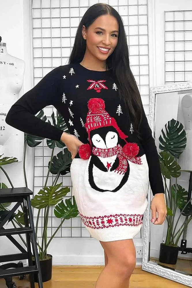 Black Penguin Design Christmas Jumper Dress