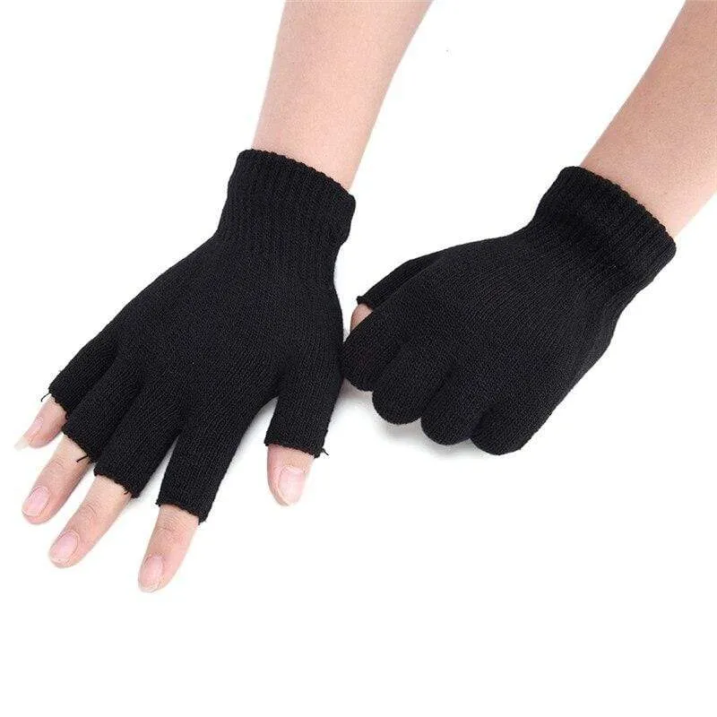 Black Short Half Finger Fingerless Wool Knit Wrist Glove Winter Warm Workout For Women And Men