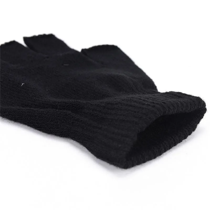 Black Short Half Finger Fingerless Wool Knit Wrist Glove Winter Warm Workout For Women And Men