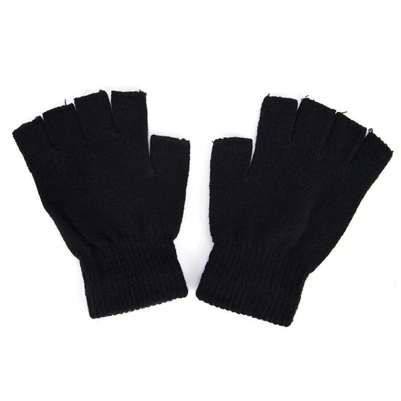 Black Short Half Finger Fingerless Wool Knit Wrist Glove Winter Warm Workout For Women And Men