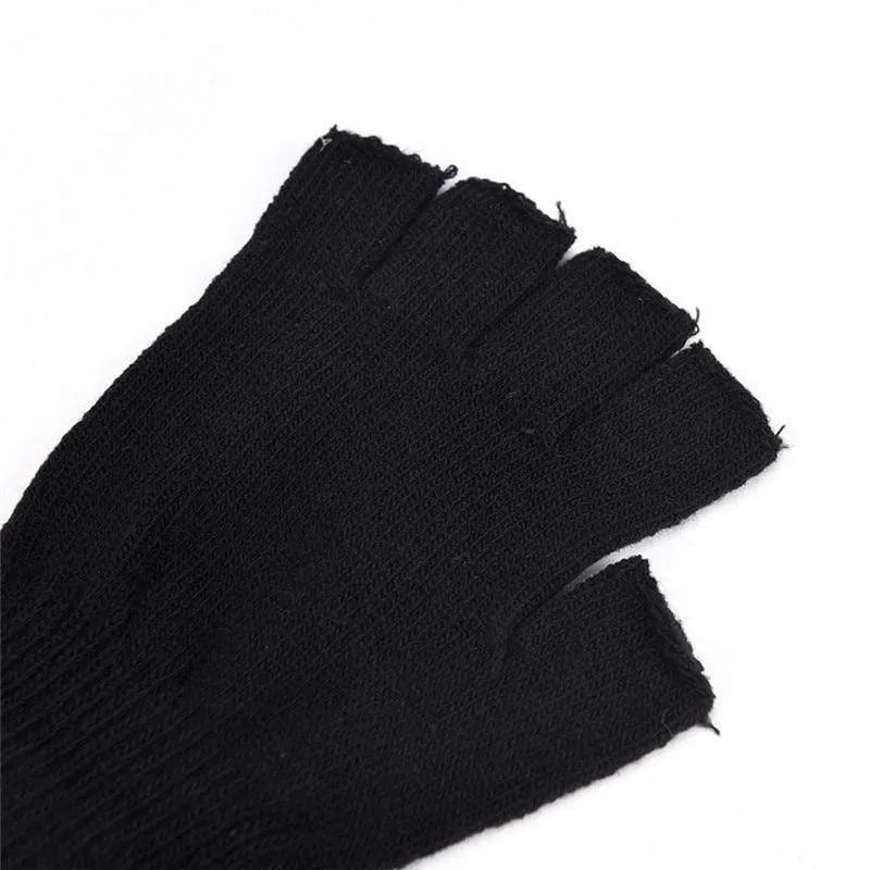 Black Short Half Finger Fingerless Wool Knit Wrist Glove Winter Warm Workout For Women And Men