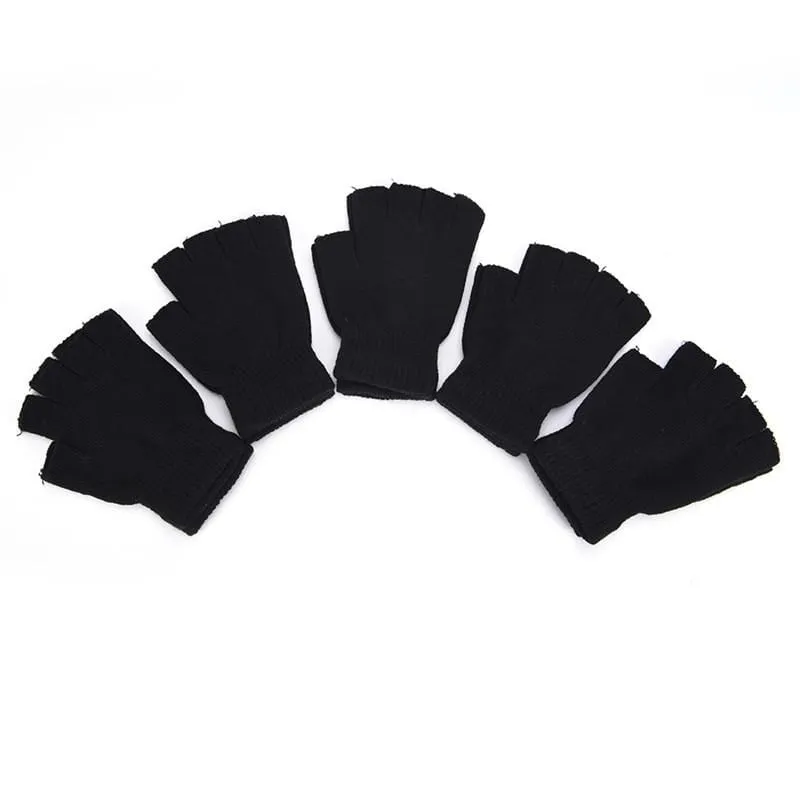 Black Short Half Finger Fingerless Wool Knit Wrist Glove Winter Warm Workout For Women And Men