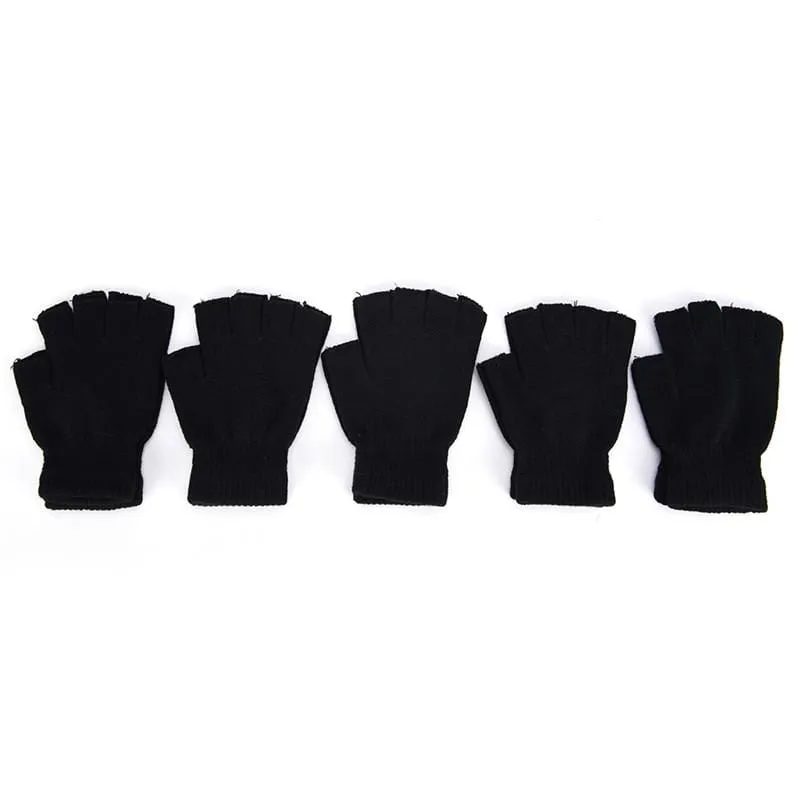 Black Short Half Finger Fingerless Wool Knit Wrist Glove Winter Warm Workout For Women And Men