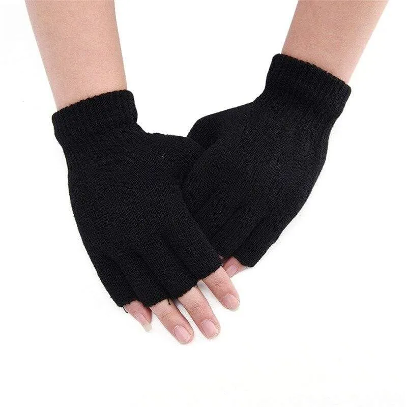 Black Short Half Finger Fingerless Wool Knit Wrist Glove Winter Warm Workout For Women And Men