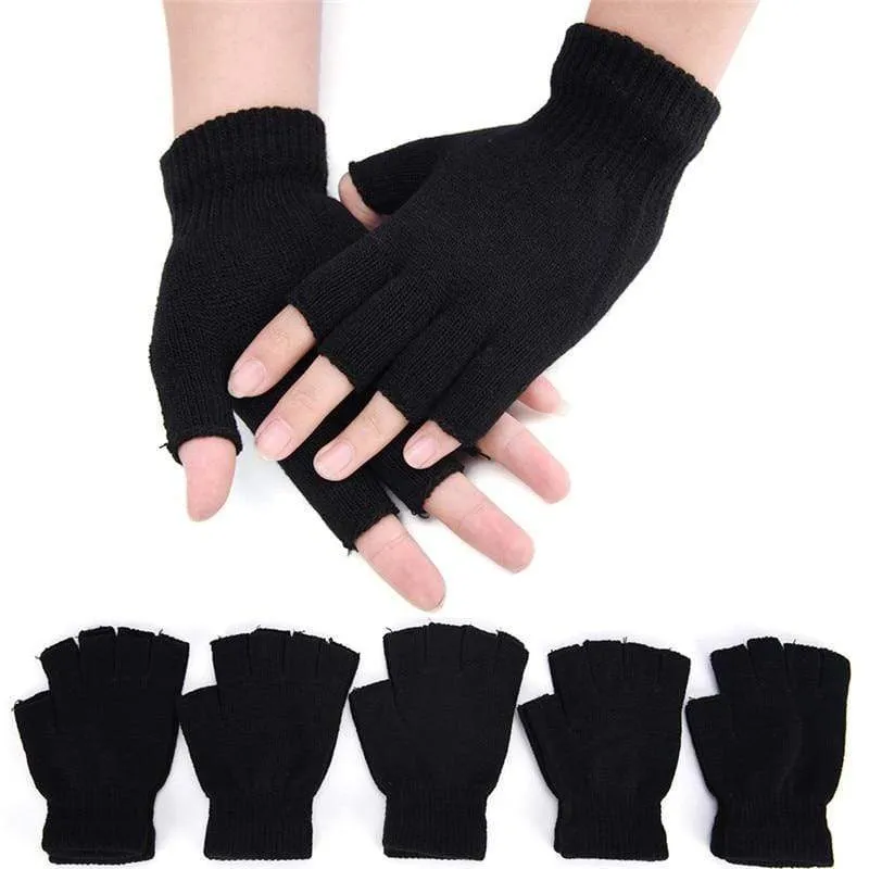 Black Short Half Finger Fingerless Wool Knit Wrist Glove Winter Warm Workout For Women And Men