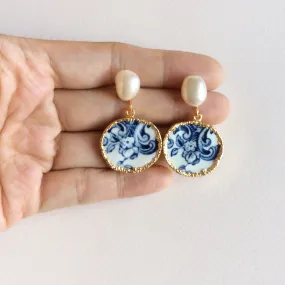 Blue and white chinoiserie porcelain earrings with freshwater pearl studs