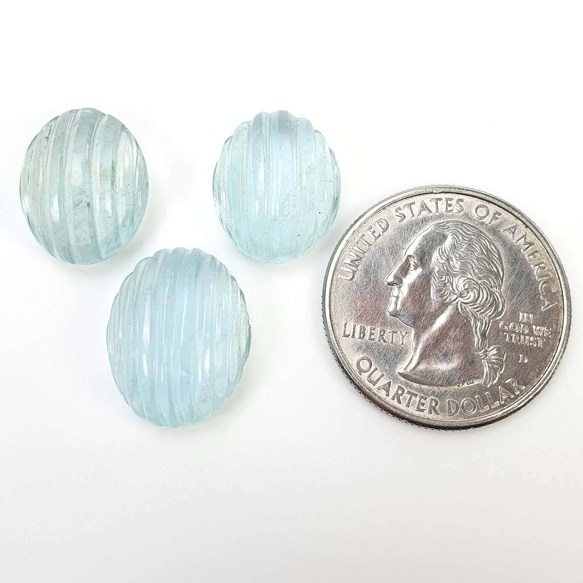 BLUE AQUAMARINE Gemstone Carving  : 34.00cts Natural Untreated Aqua Hand Carved Oval Shape 15.5*13mm - 18*14mm 3pcs (With Video)