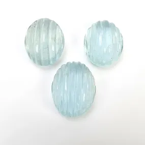 BLUE AQUAMARINE Gemstone Carving  : 34.00cts Natural Untreated Aqua Hand Carved Oval Shape 15.5*13mm - 18*14mm 3pcs (With Video)