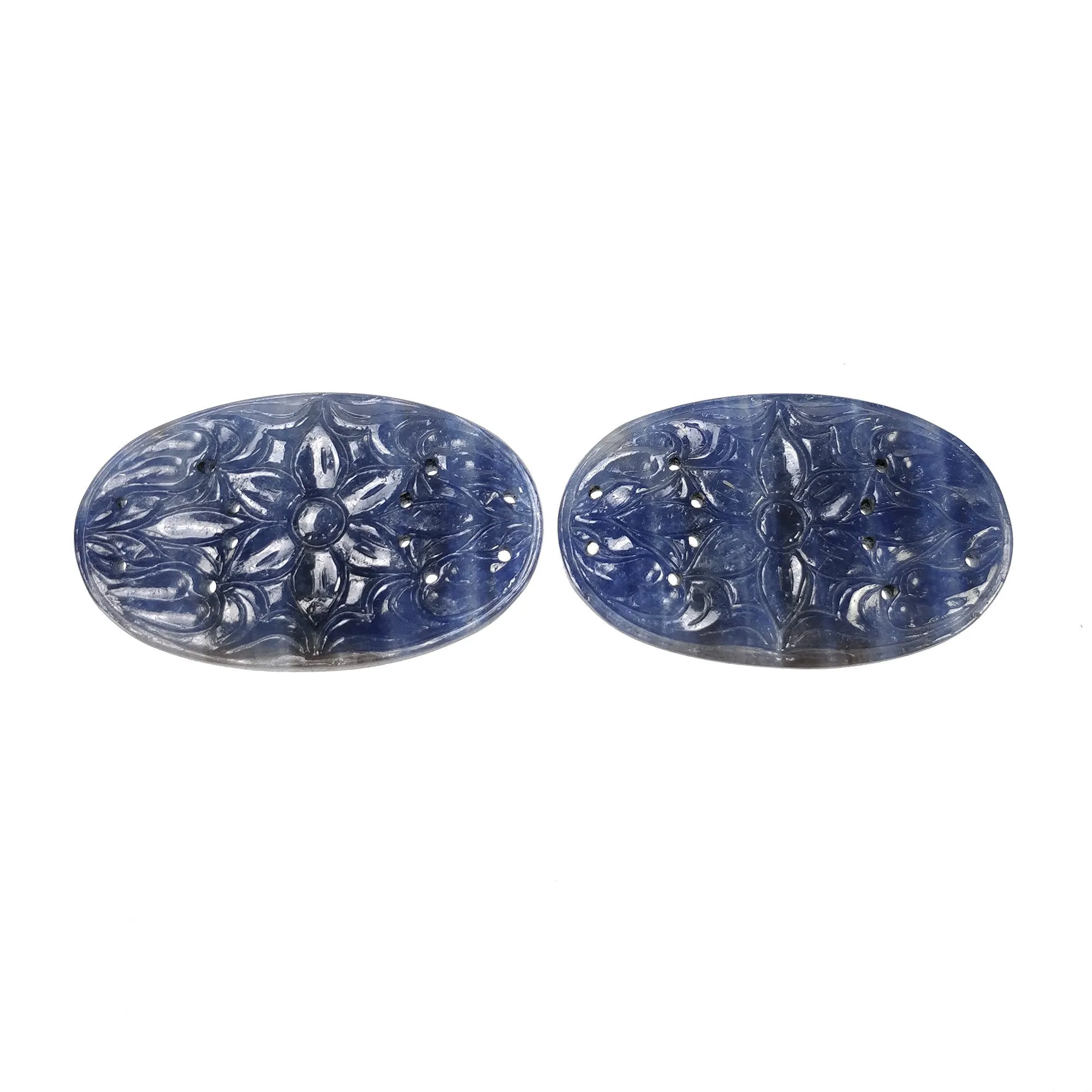 BLUE SAPPHIRE Gemstone Carving : 93.00cts Natural Untreated Unheated Sapphire Hand Carved Oval Shape 39*23.5mm Pair (With Video)