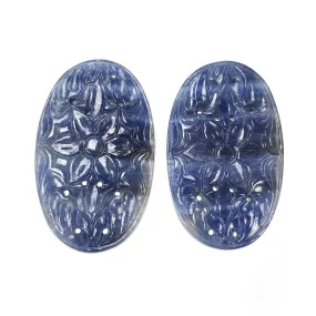 BLUE SAPPHIRE Gemstone Carving : 93.00cts Natural Untreated Unheated Sapphire Hand Carved Oval Shape 39*23.5mm Pair (With Video)