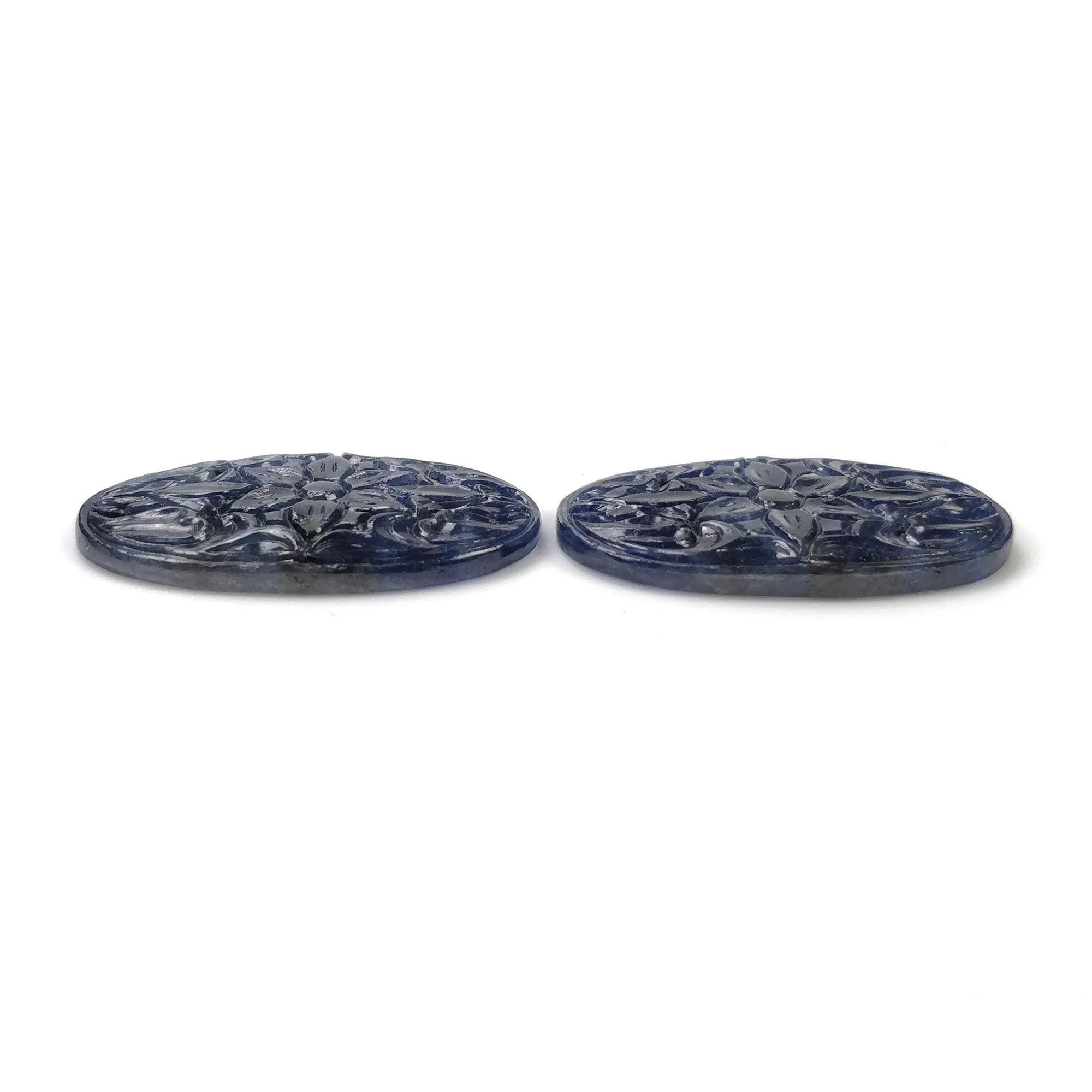 BLUE SAPPHIRE Gemstone Carving : 93.00cts Natural Untreated Unheated Sapphire Hand Carved Oval Shape 39*23.5mm Pair (With Video)