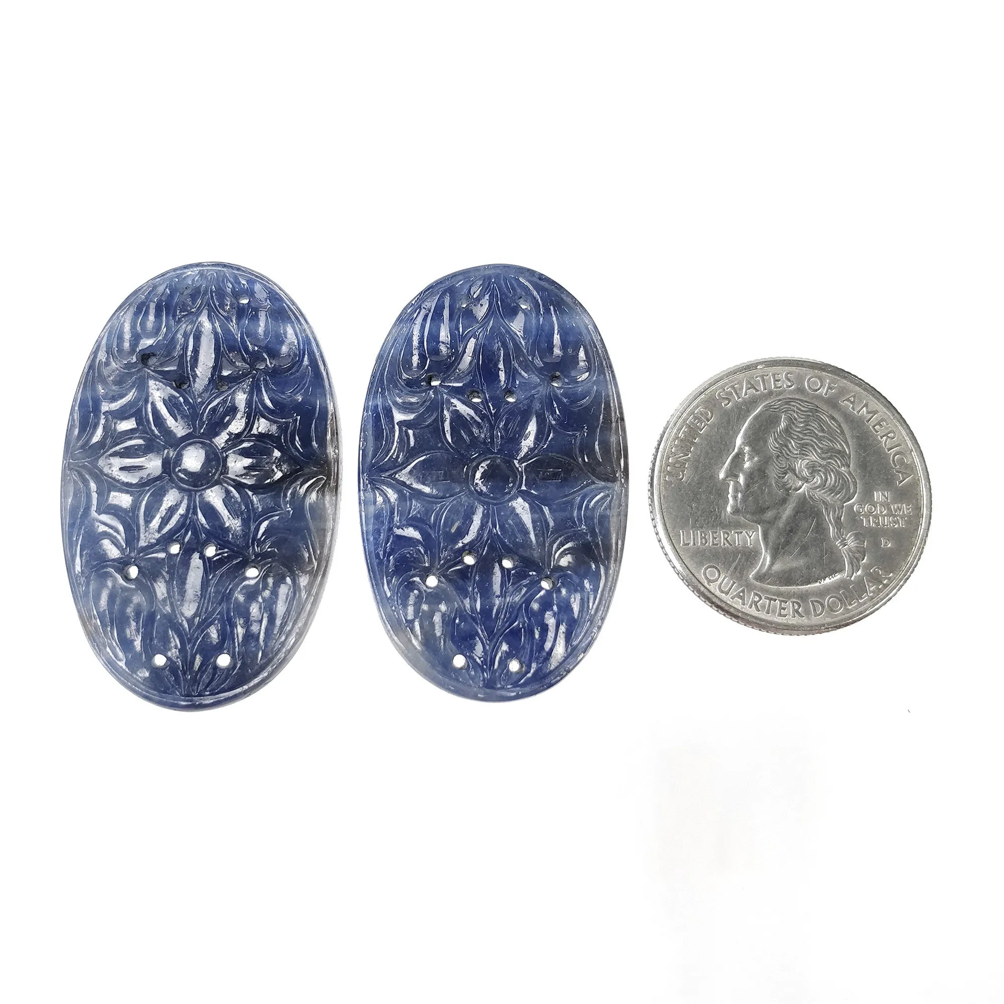 BLUE SAPPHIRE Gemstone Carving : 93.00cts Natural Untreated Unheated Sapphire Hand Carved Oval Shape 39*23.5mm Pair (With Video)