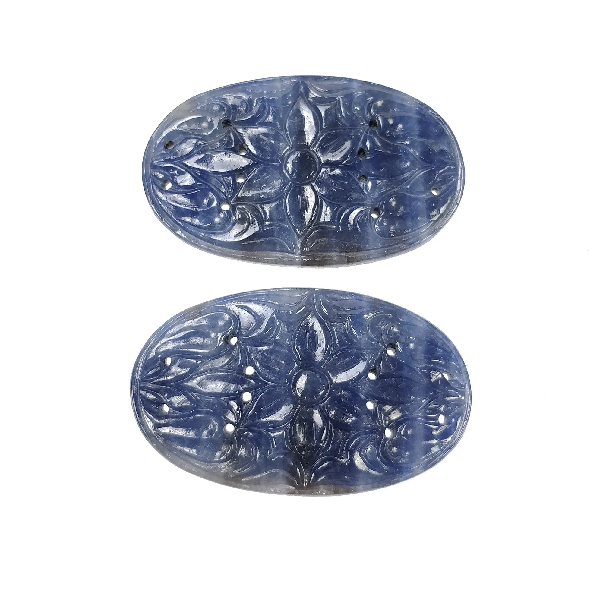 BLUE SAPPHIRE Gemstone Carving : 93.00cts Natural Untreated Unheated Sapphire Hand Carved Oval Shape 39*23.5mm Pair (With Video)