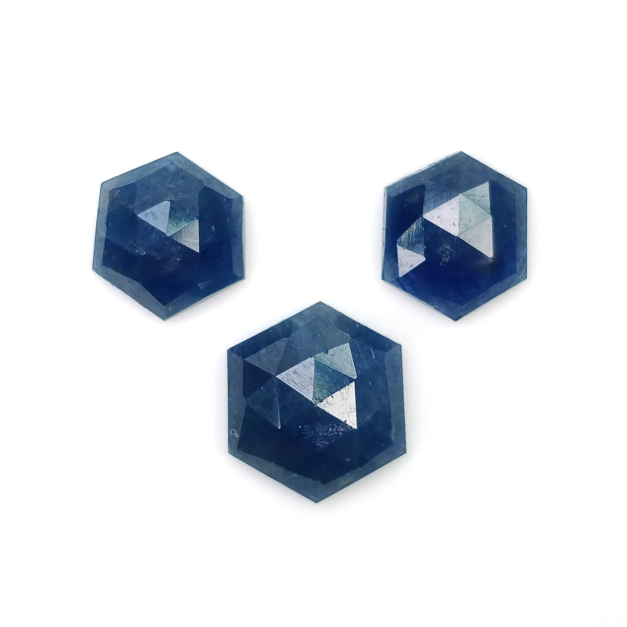 BLUE SAPPHIRE Gemstone Rose Cut : 9.80cts Natural Untreated Unheated Sapphire Hexagon Shape 8.5mm - 10mm 3pcs (With Video)