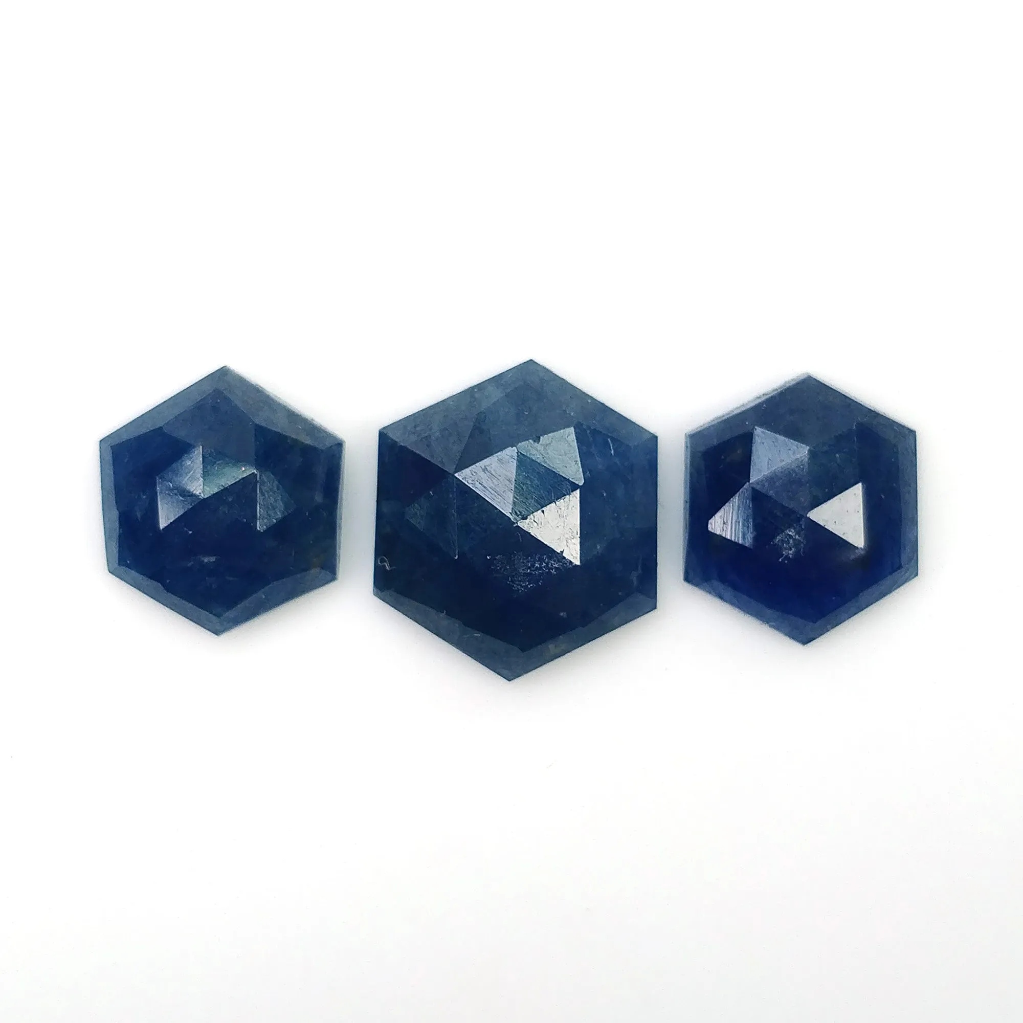 BLUE SAPPHIRE Gemstone Rose Cut : 9.80cts Natural Untreated Unheated Sapphire Hexagon Shape 8.5mm - 10mm 3pcs (With Video)