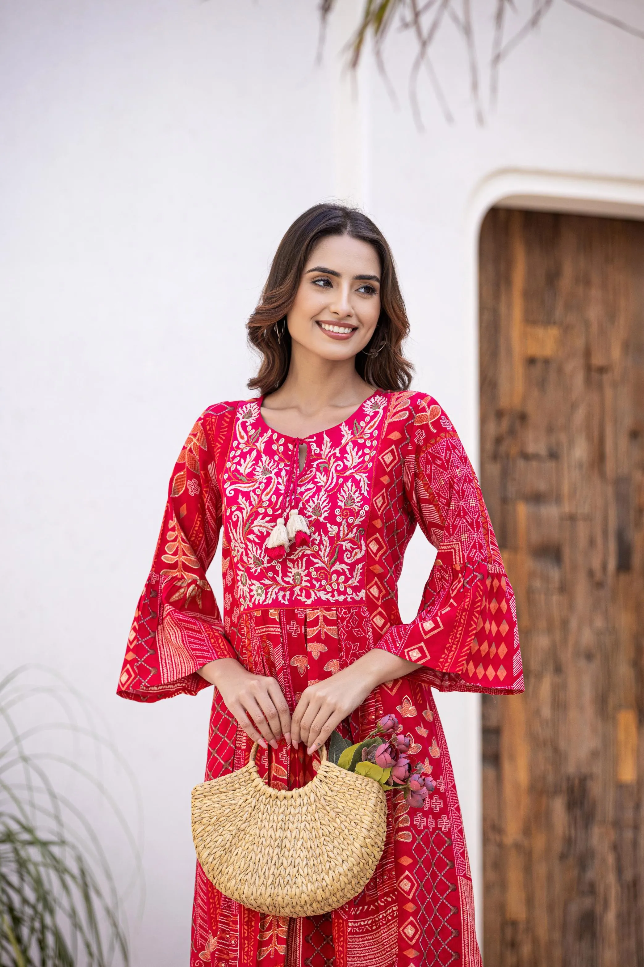 Bright Pink Embroidered Cotton Silk Dress