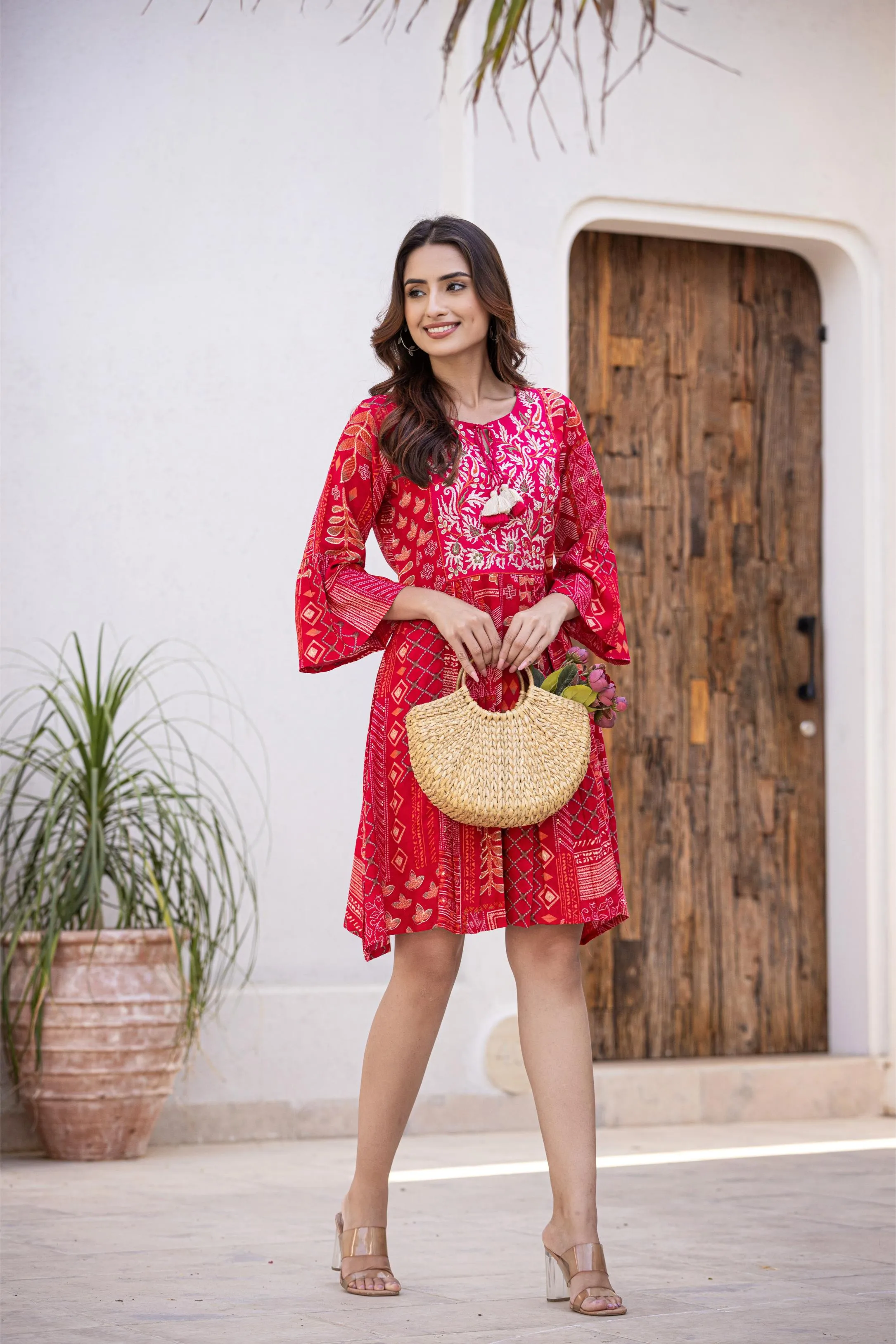 Bright Pink Embroidered Cotton Silk Dress