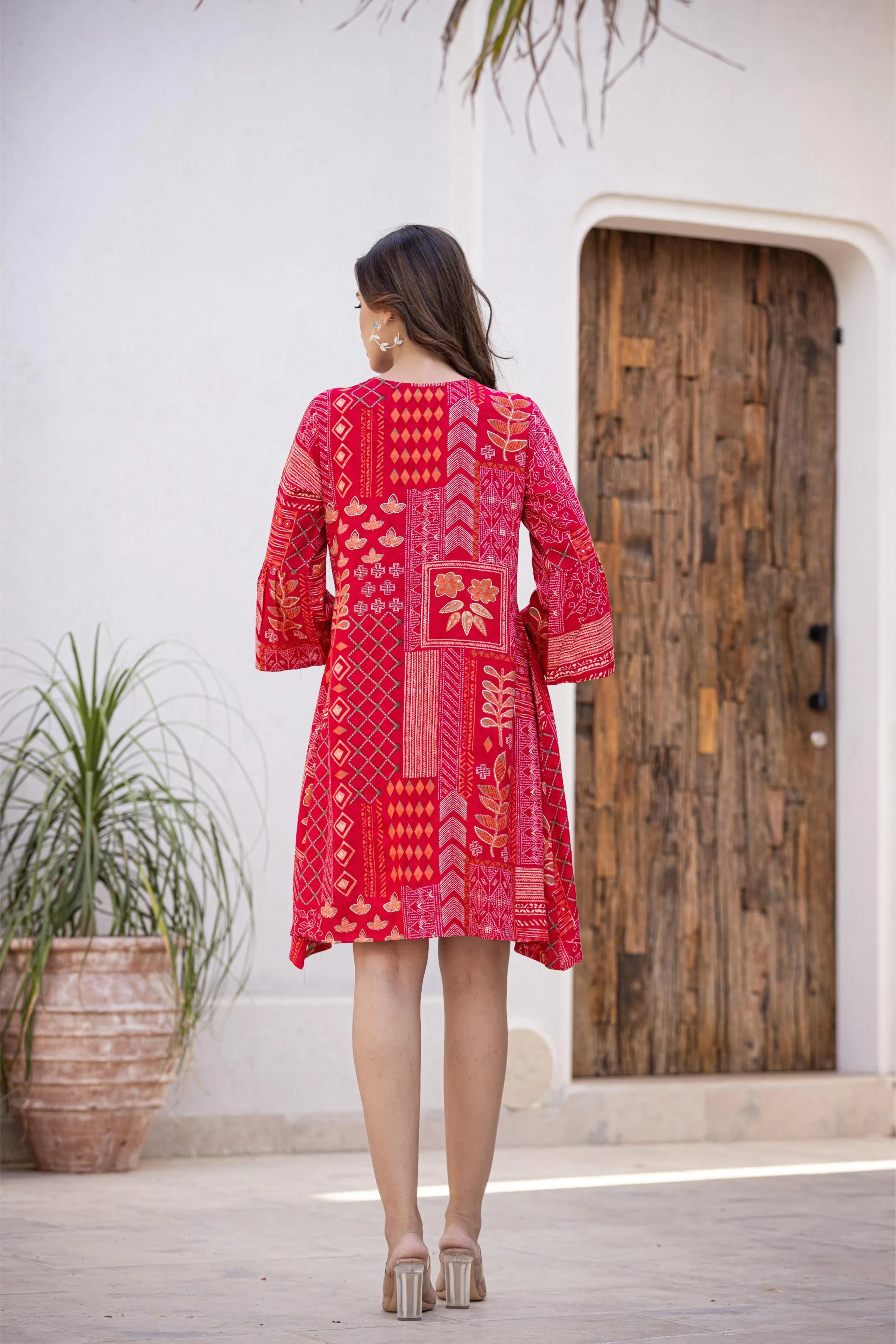 Bright Pink Embroidered Cotton Silk Dress