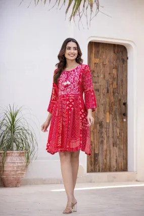 Bright Pink Embroidered Cotton Silk Dress