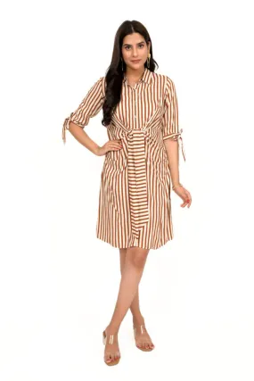 Brown And White Striped Pleated Short Dress