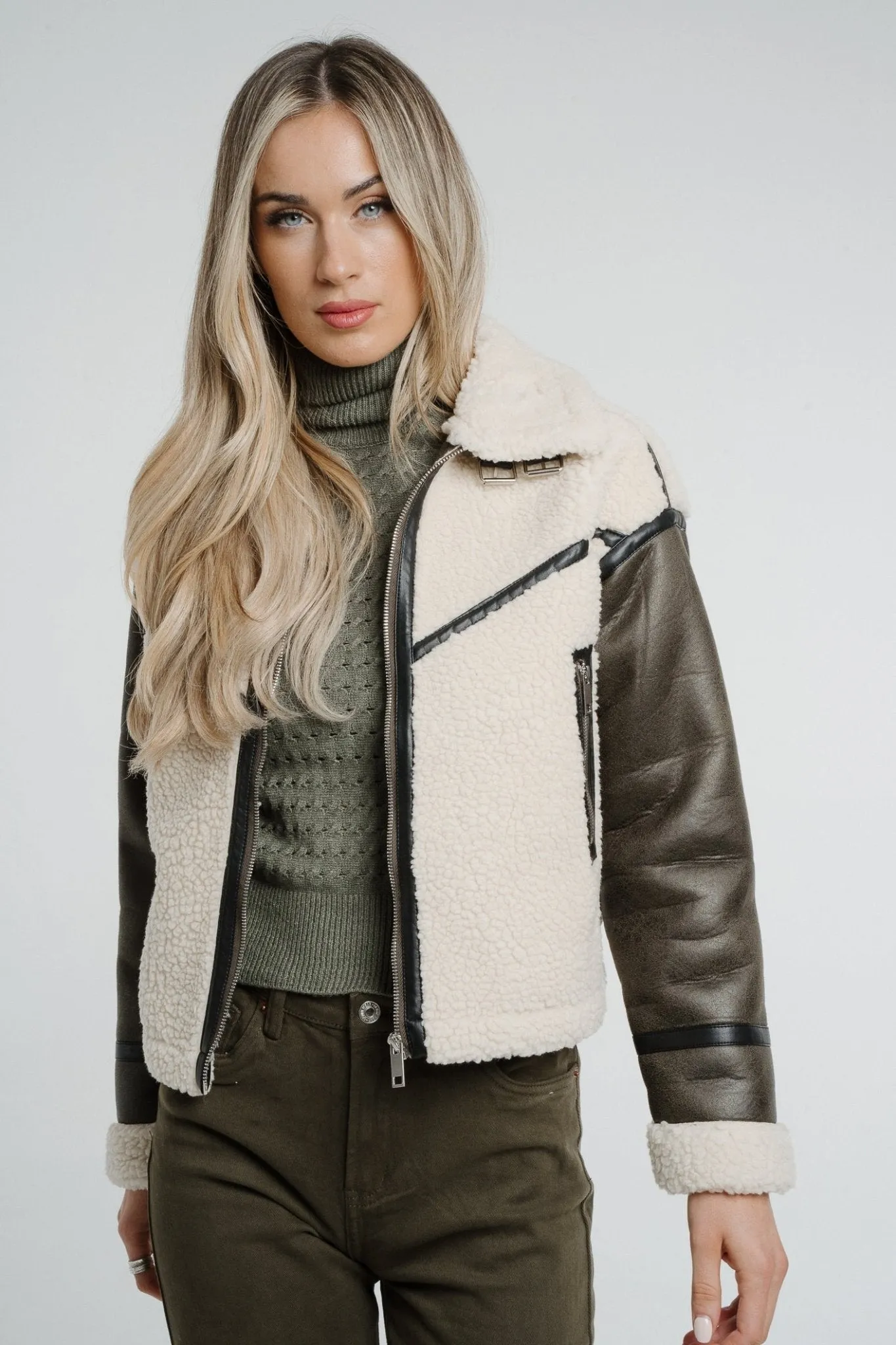 Caitlyn Shearling Faux Leather Jacket In Khaki