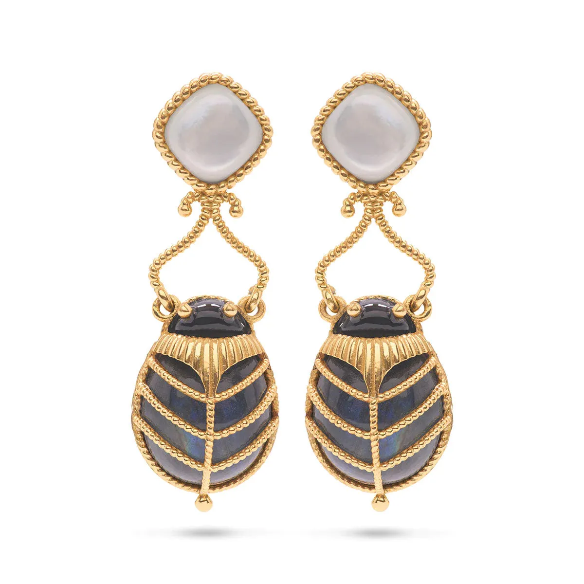 Capucine De Wulf - Scarab Drop Earrings - Gold/Blue Labradorite/Mother of Pearl