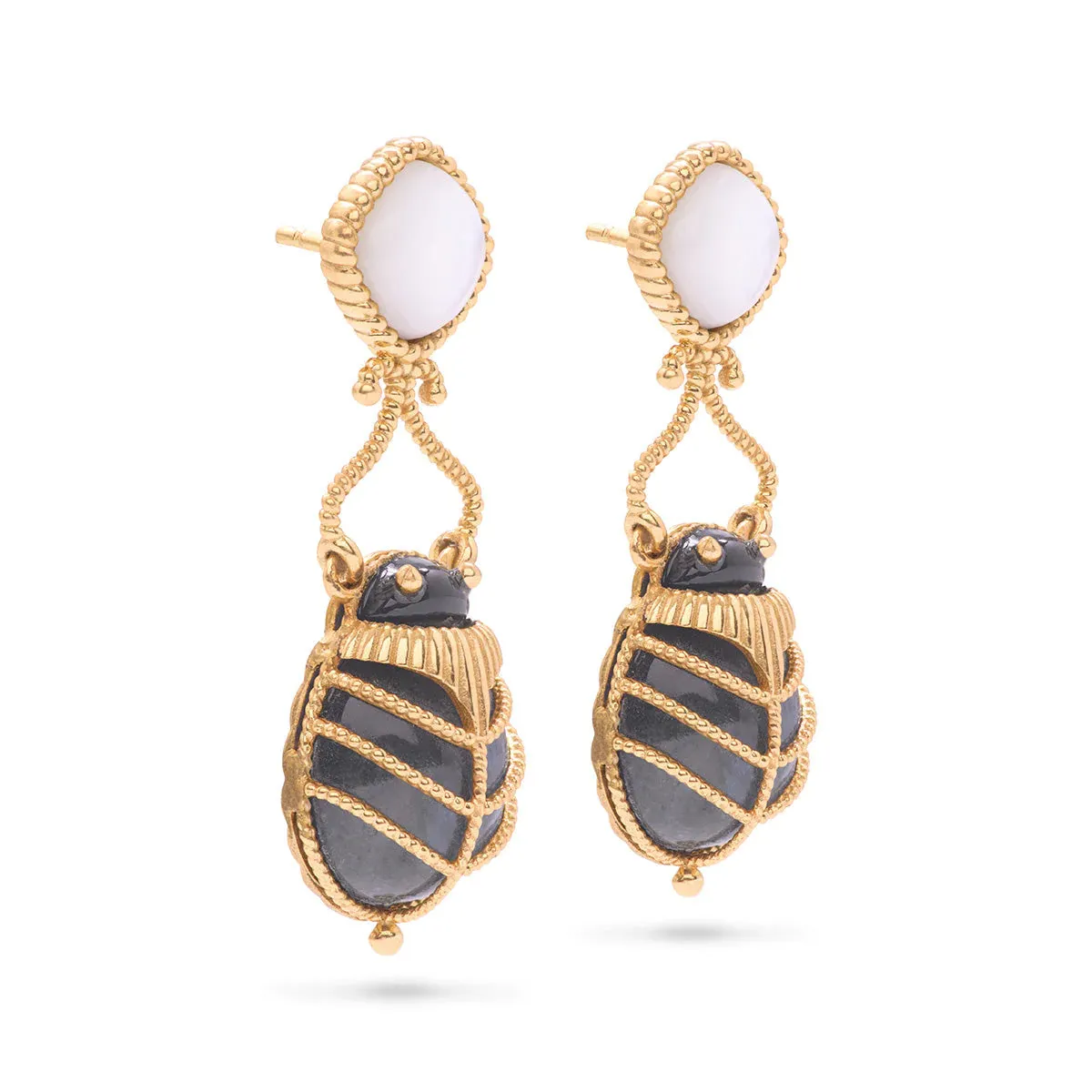 Capucine De Wulf - Scarab Drop Earrings - Gold/Blue Labradorite/Mother of Pearl