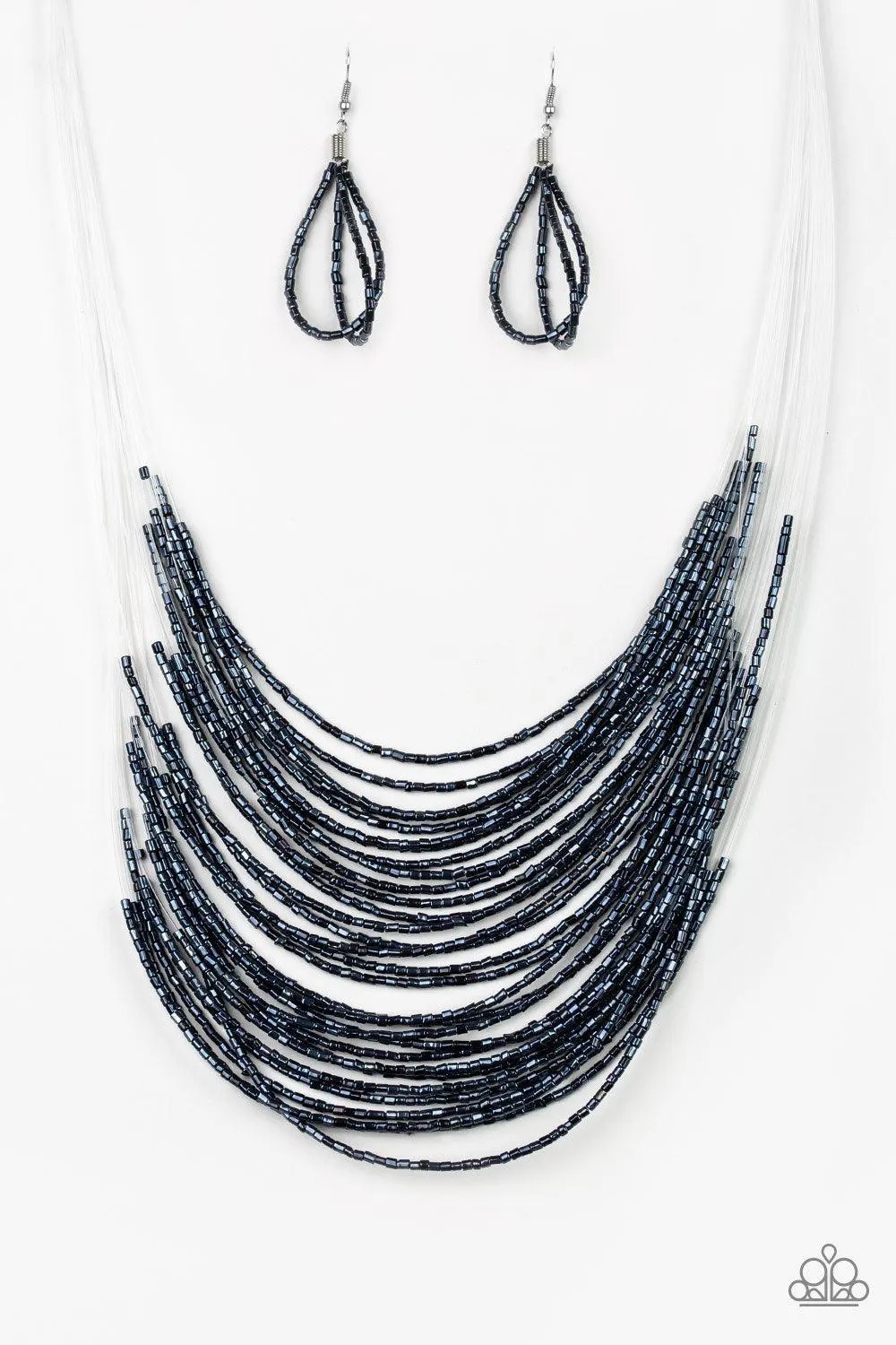 Catwalk Queen Metallic Blue Seed Bead Necklace and matching Earrings - Paparazzi Accessories