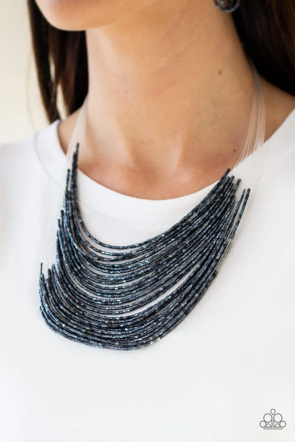 Catwalk Queen Metallic Blue Seed Bead Necklace and matching Earrings - Paparazzi Accessories