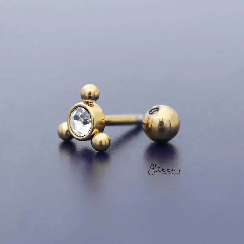 Clear Crystal with 3 Balls Triangle Top Tragus Cartilage Barbell Stud - Gold