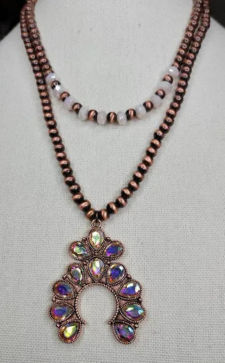 Copper and Cream 2 strand Necklace with small bling squash pendant