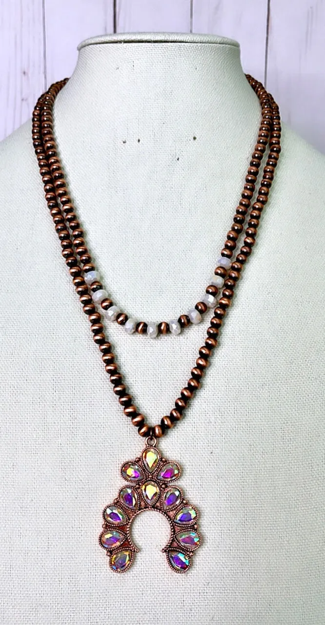 Copper and Cream 2 strand Necklace with small bling squash pendant