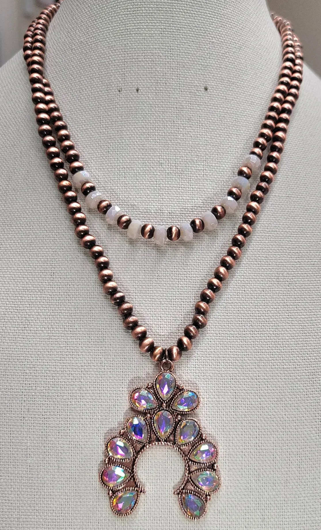 Copper and Cream 2 strand Necklace with small bling squash pendant