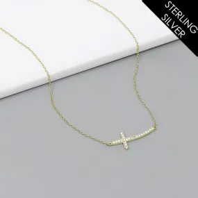 Cross CZ Pave Pendant Sterling Silver Short Necklace