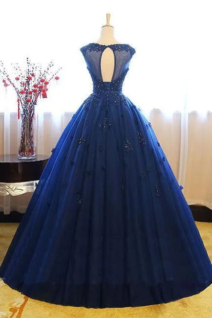 Dark Blue Tulle Lace Beads Ball Gown Open Back Sweet 16 Dress Quinceanera Dresses