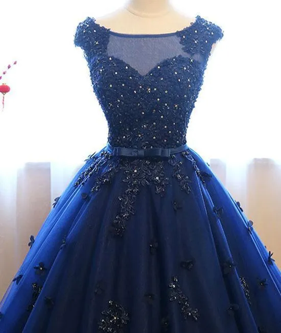 Dark Blue Tulle Lace Beads Ball Gown Open Back Sweet 16 Dress Quinceanera Dresses