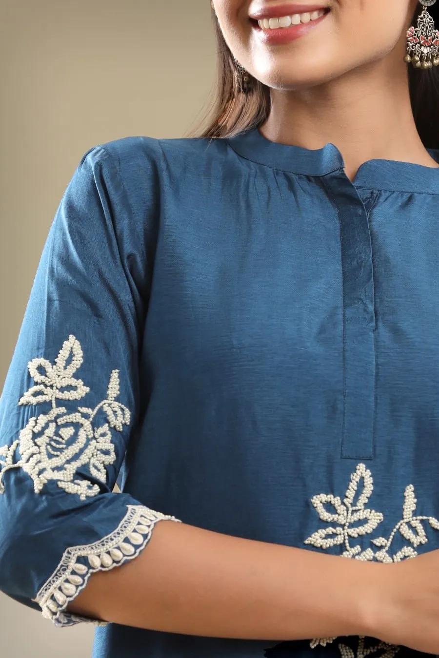 DarPantk Blue Embroidered A-line Kurta With