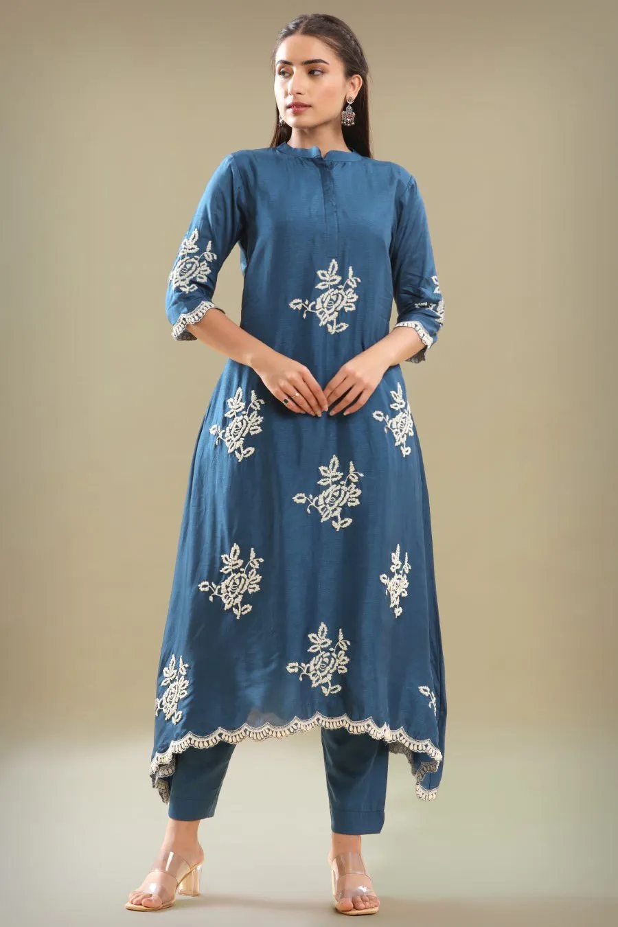 DarPantk Blue Embroidered A-line Kurta With