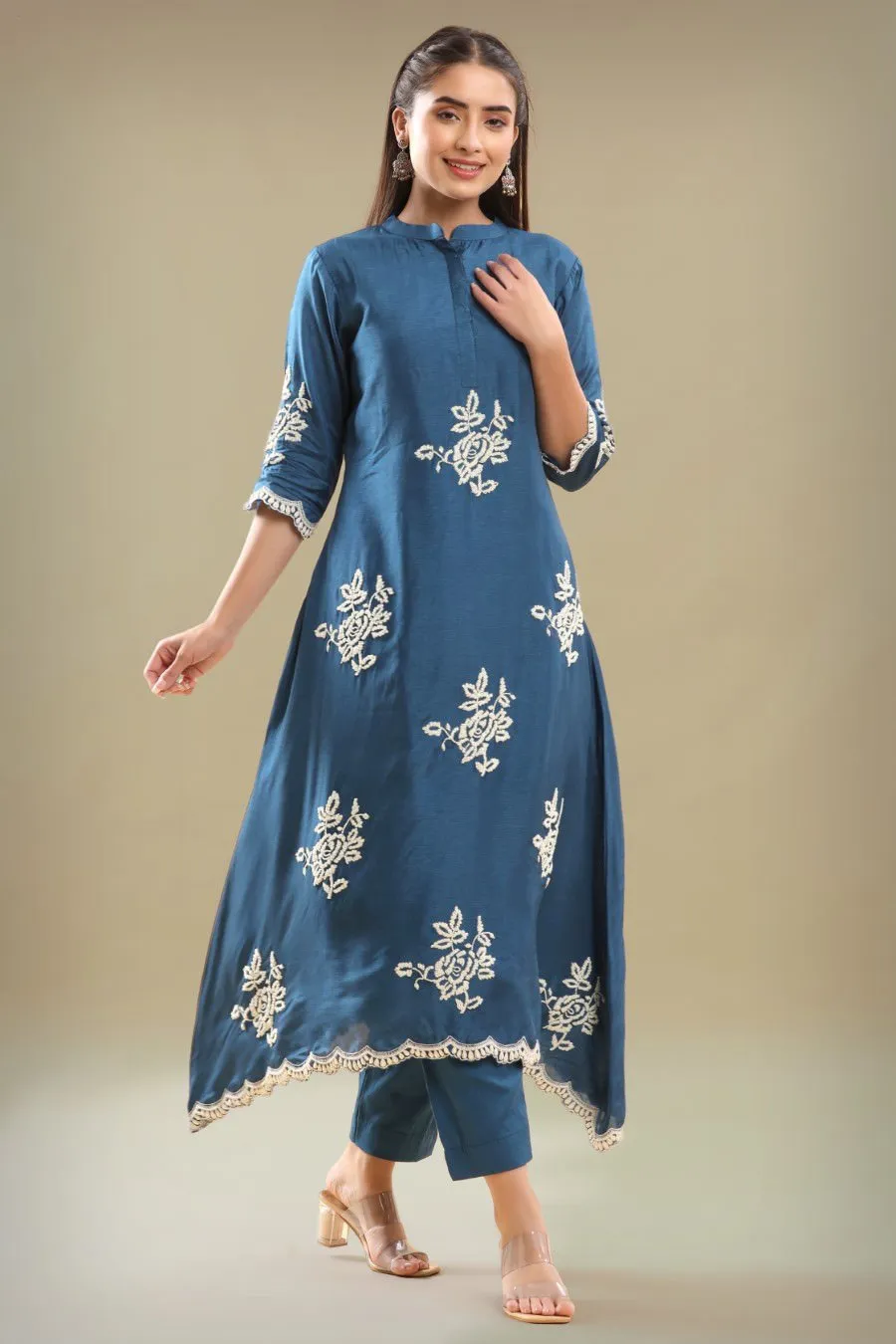 DarPantk Blue Embroidered A-line Kurta With