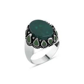 Ellipse Green Agate Stone Silver Men's Ring with Green Teardrops Around