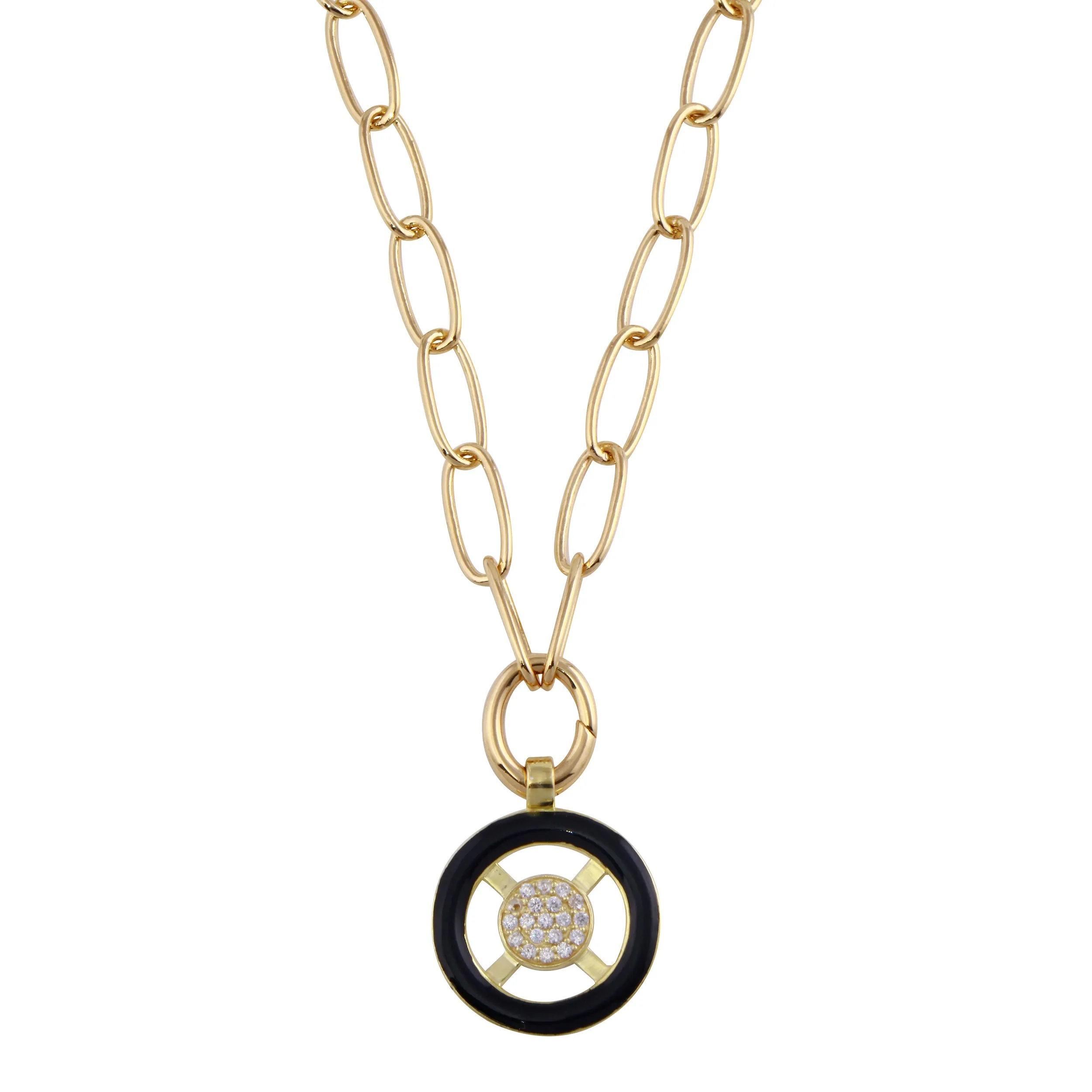 Enamel and White Zircon Pavé Circle Pendant Necklace