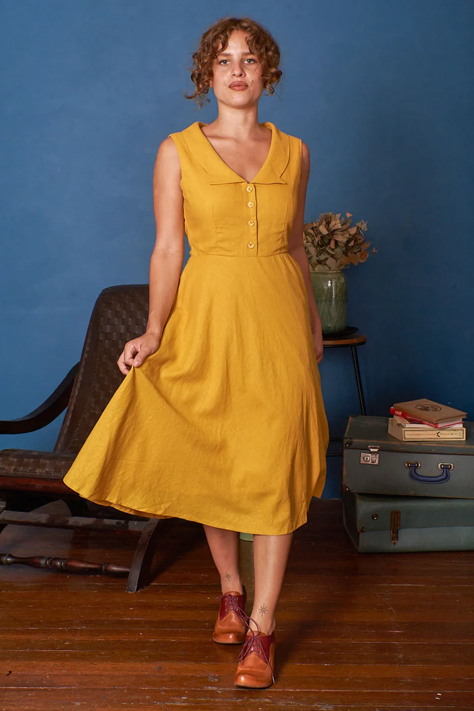 Evangeline Mustard Linen Dress