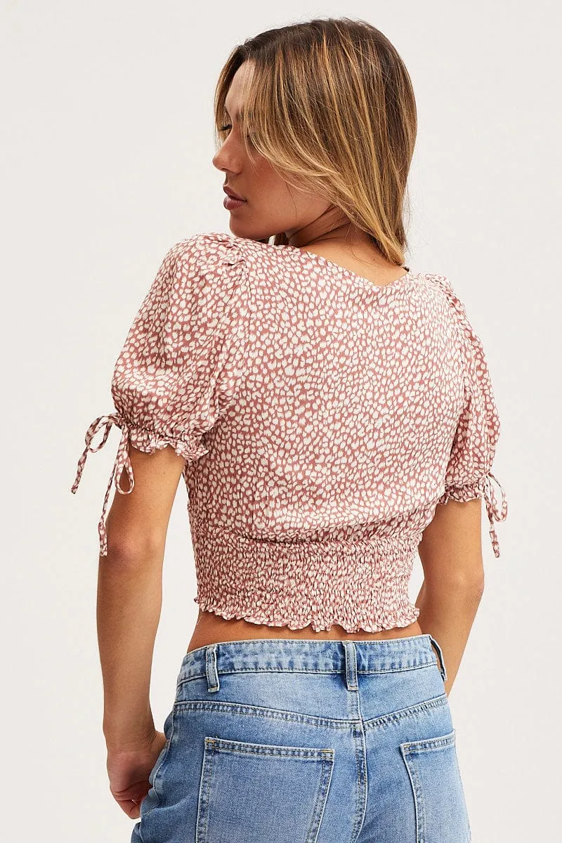 Geo Print Crop Top Short Sleeve Square Neck