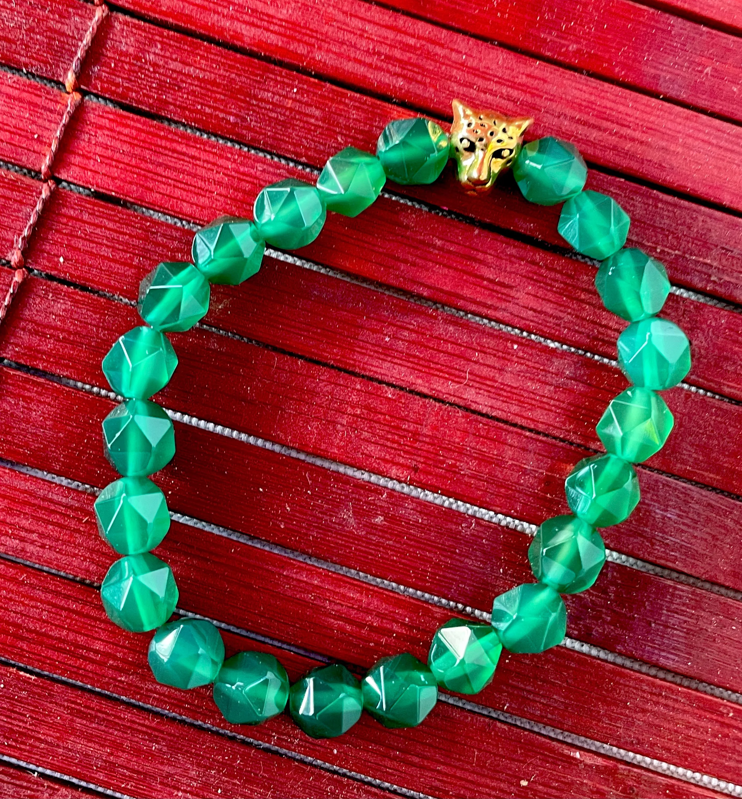 Green Agate and Gold Leopard Bracelet