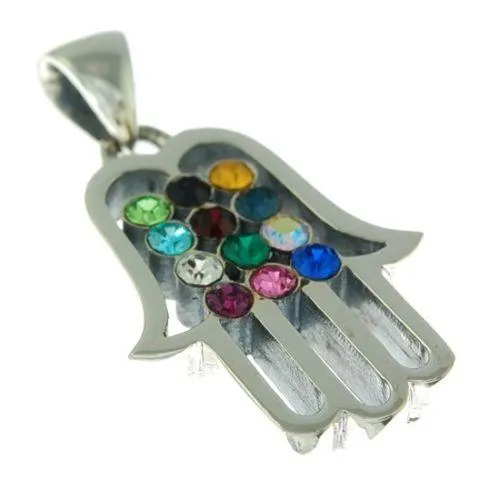 Hamsa Silver Pendant Multi Colors Gemstones   925 Sterling Silver Chain #54